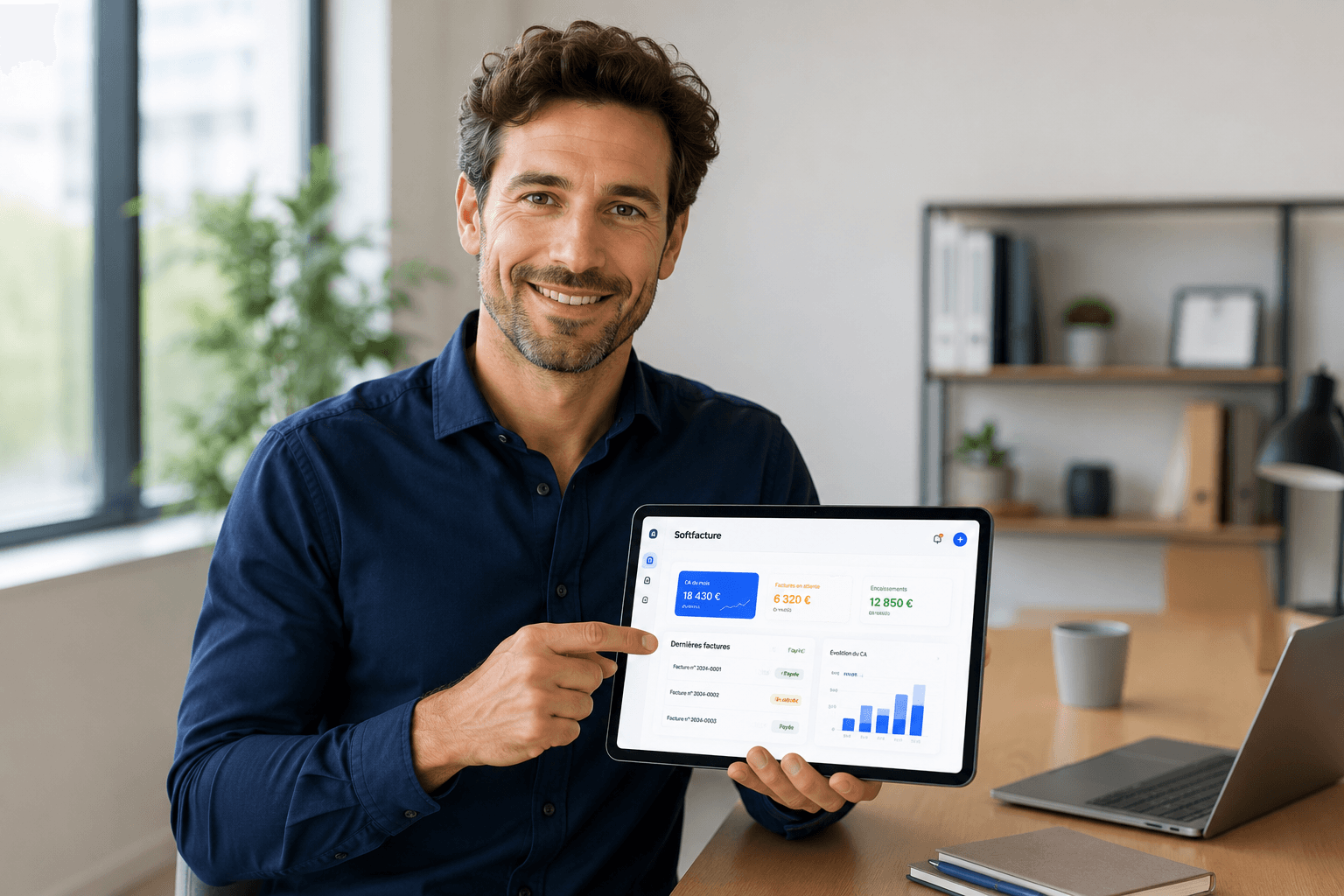 Indépendant utilisant SoftFacture sur tablette pour gérer ses devis et factures